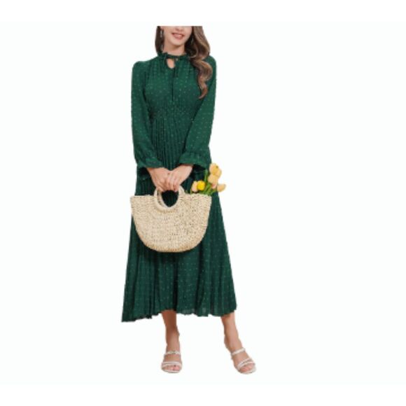 Dresses & Skirts - Casual Long Sleeve Swiss Dot Pleated Flowy Cocktail Dress, SMALL, 4L-137D002
